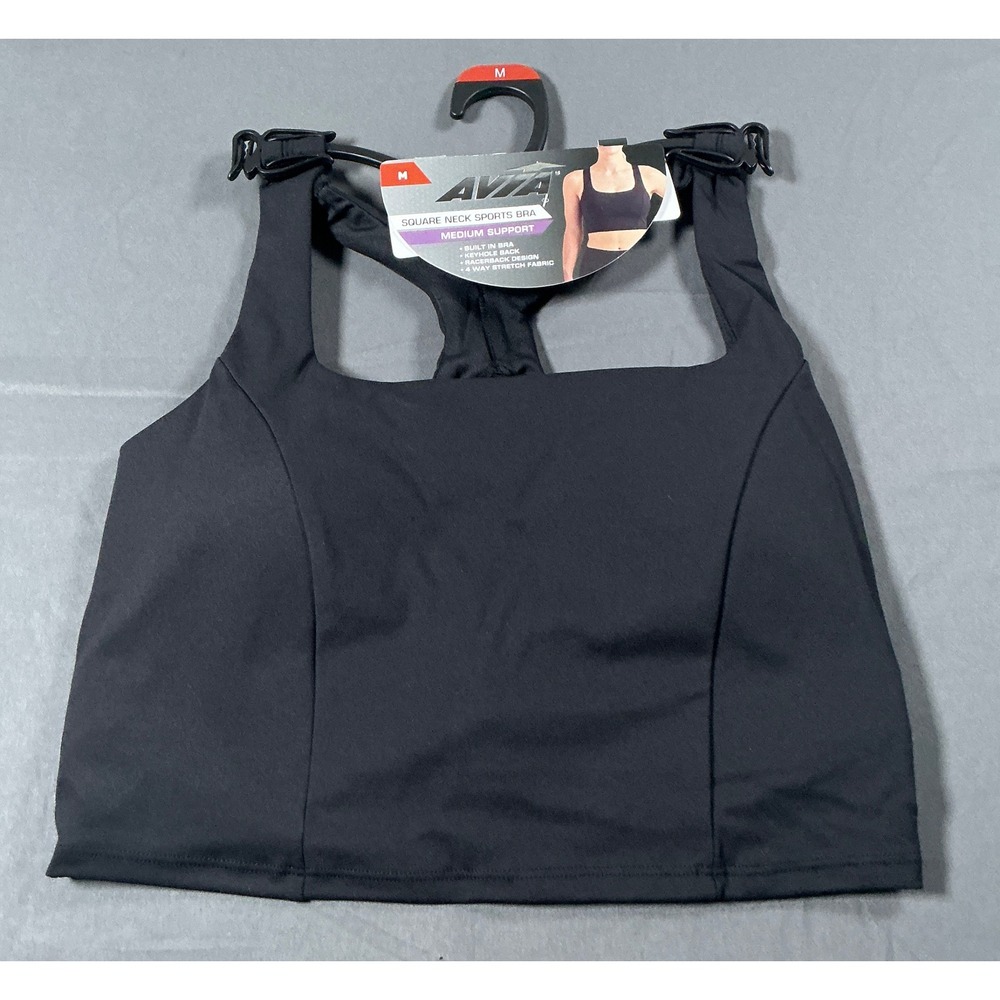 Avia Square Neck Sports Bra Black Medium Support Keyhole Racerback Stretch